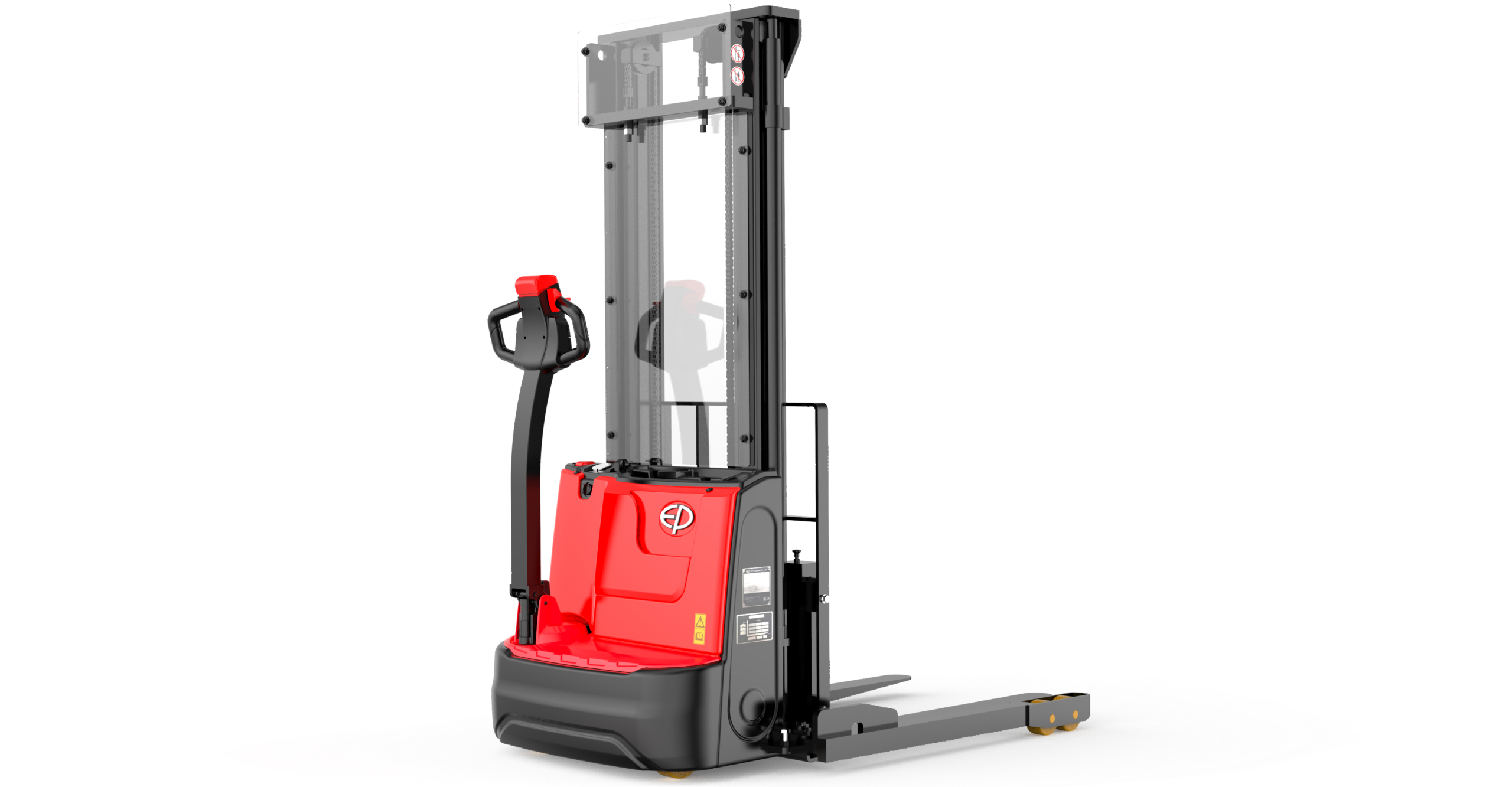 De EP ESA121-D stapelaar: 1.200 kg hefvermogen, verstelbare spreidpoten, Li-Ion batterij en geïntegreerde oplader.